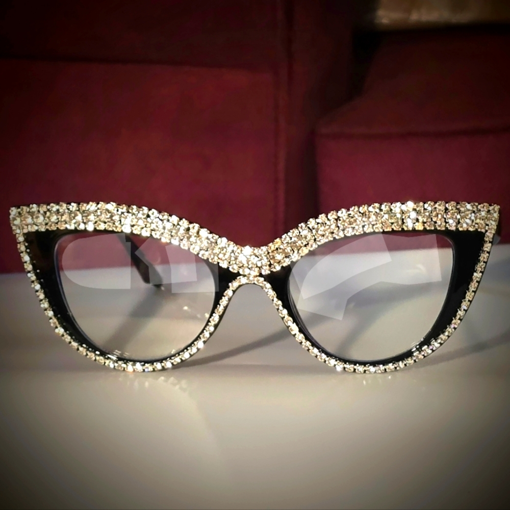 Cat Eye Blinged Frame Large Glasses - Quality Thick Clear Lenses & Strong Hinges - Picture 6 of 6